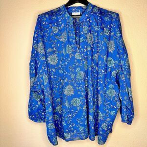 J Jill Top Women 3XL Blue Floral Button Puff Sleeve 100% Cotton Relaxed Boho